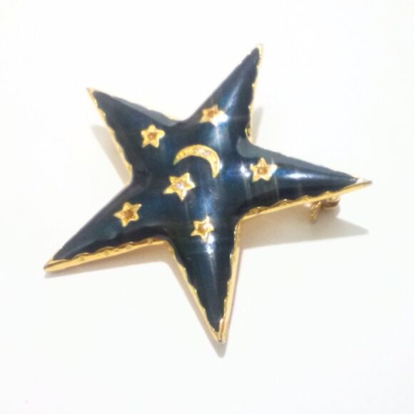 Vintage Navy Blue Enamel Celestial Star Brooch Gold Tone Moon & Stars Night Sky - Picture 3 of 6